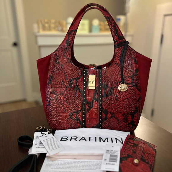Brahmin Small Carla Satchel Lipstick Avedon & Matching Credit Card Wallet NWT - Picture 1 of 12